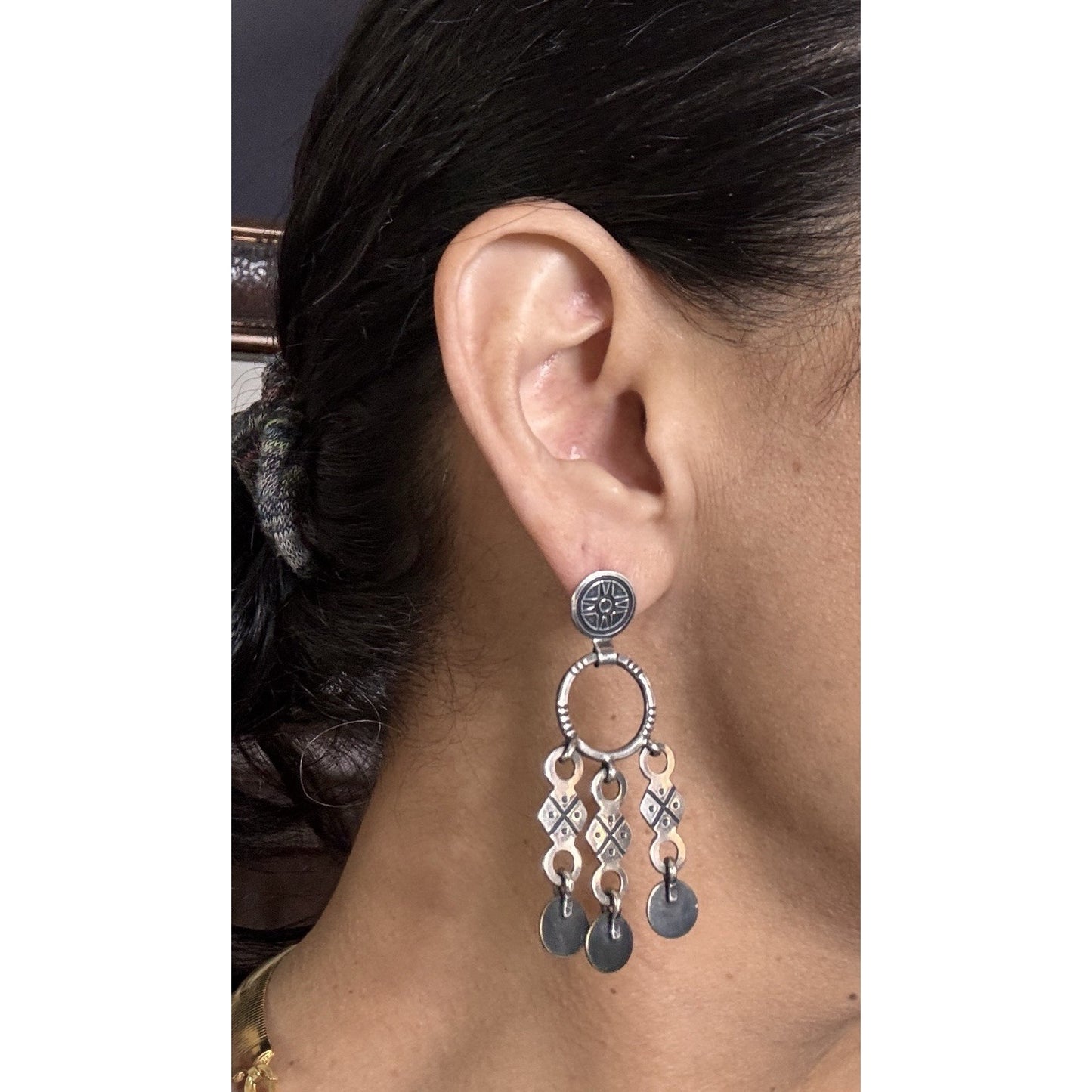Pre owned James Avery Vintage Retired RARE Silver & Brass Chandelier Aztec Dangle Earrings