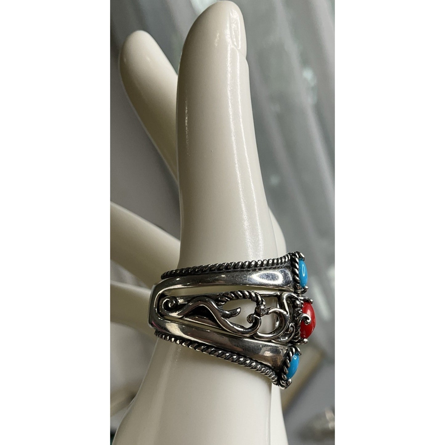 Carolyn Pollack 925 Sterling Silver Turquoise Coral Ring Size 9.75