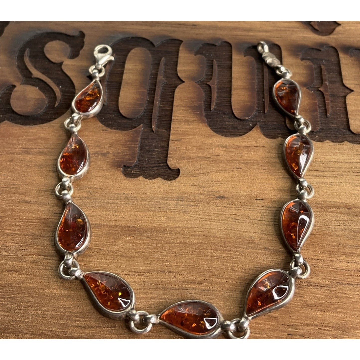 Vintage Sterling Silver 925 Amber Teardrop Link Bracelet 7.5”