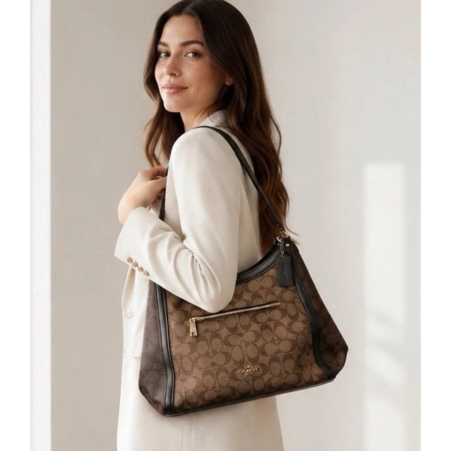 COACH KRISTY Shoulder Bag In Color Block Signature Canvas Khaki And Dark Brown