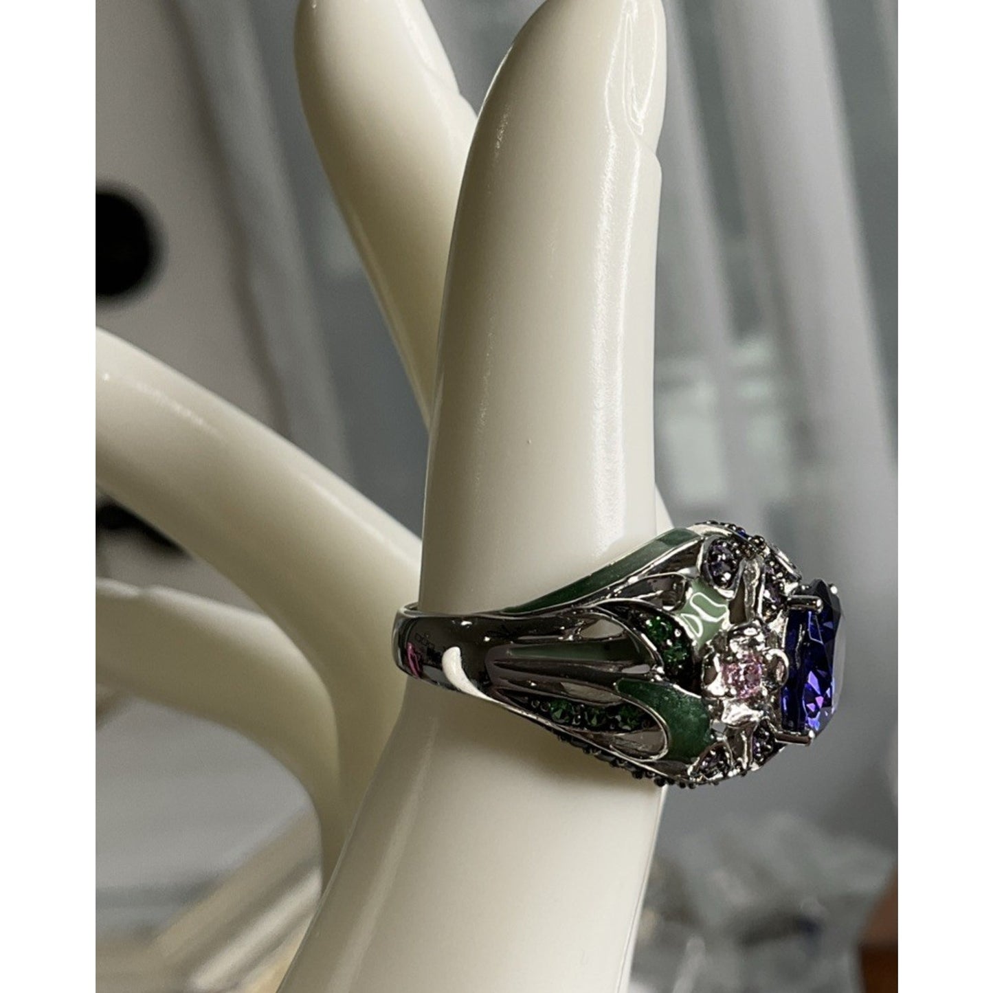 Sterling Silver 925 Blue CZ Cocktail Ring Ornate Enamel Statement Ring Size 6.5