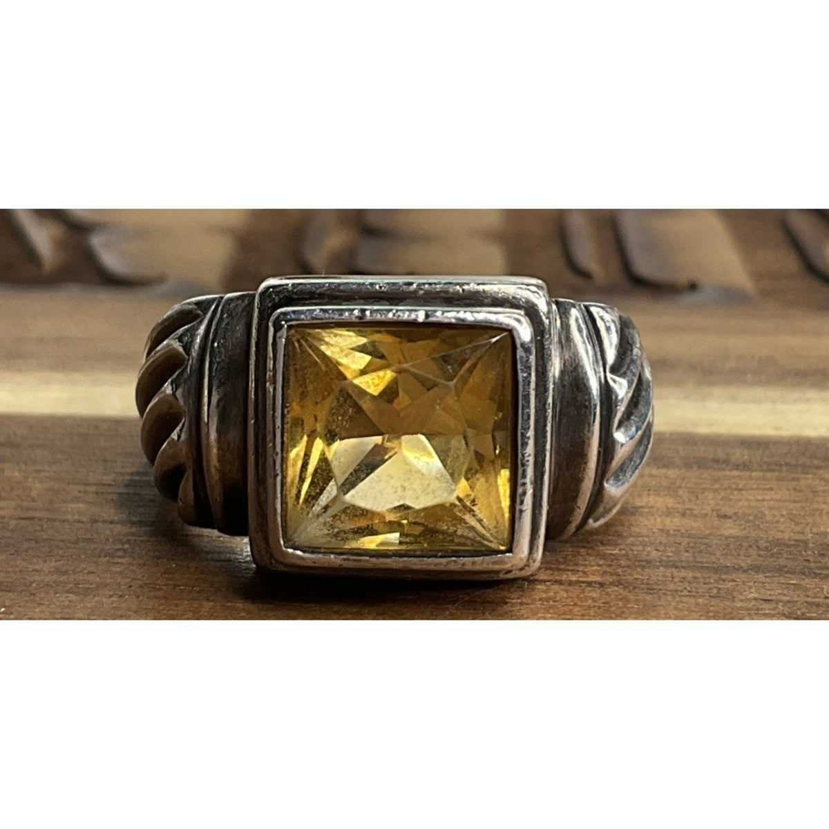 Vintage 925 Citrine Faceted Gemstone Ring Sterling Silver Bezel Setting Size 6