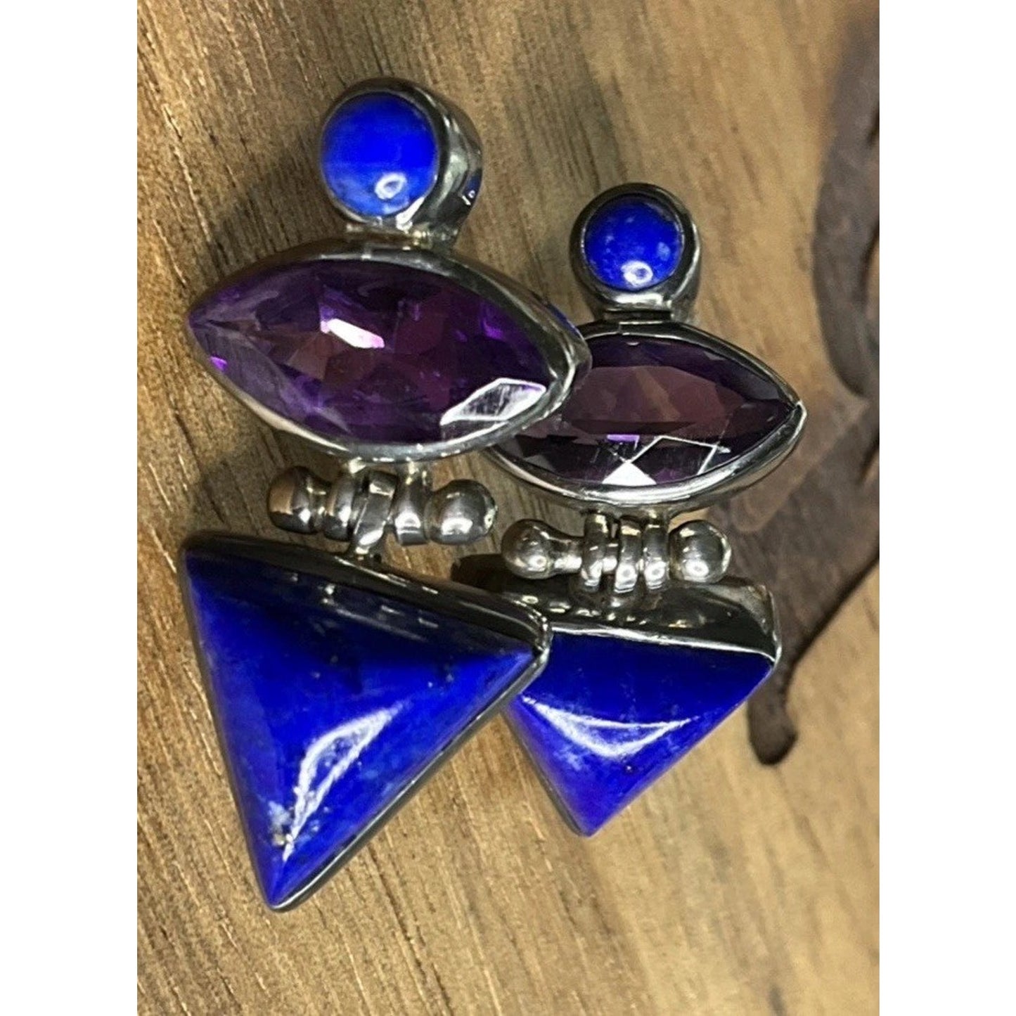 Vintage Sterling Silver Amethyst And Lapis Lazuli Modernist Dangle Drop Earrings