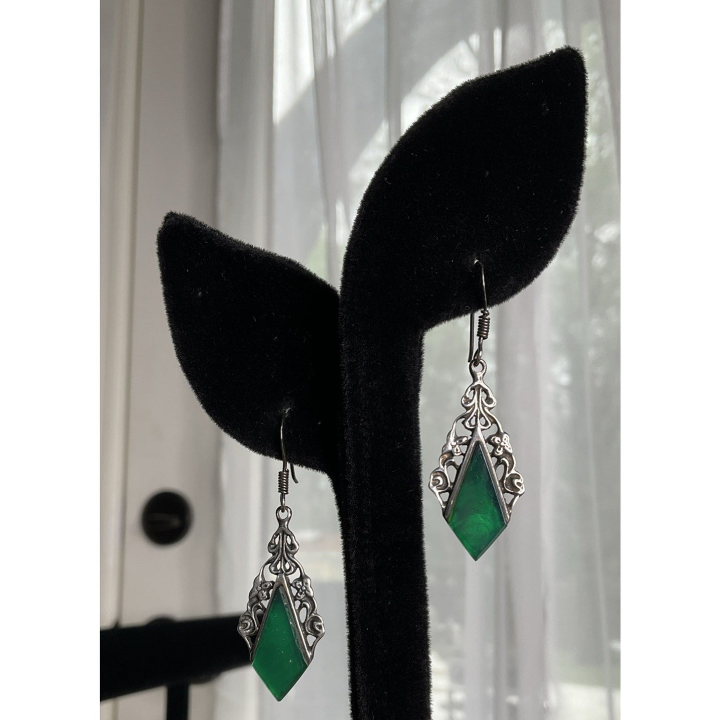 Vintage Green Onyx Art Nouveau Vines Sterling Silver Earrings