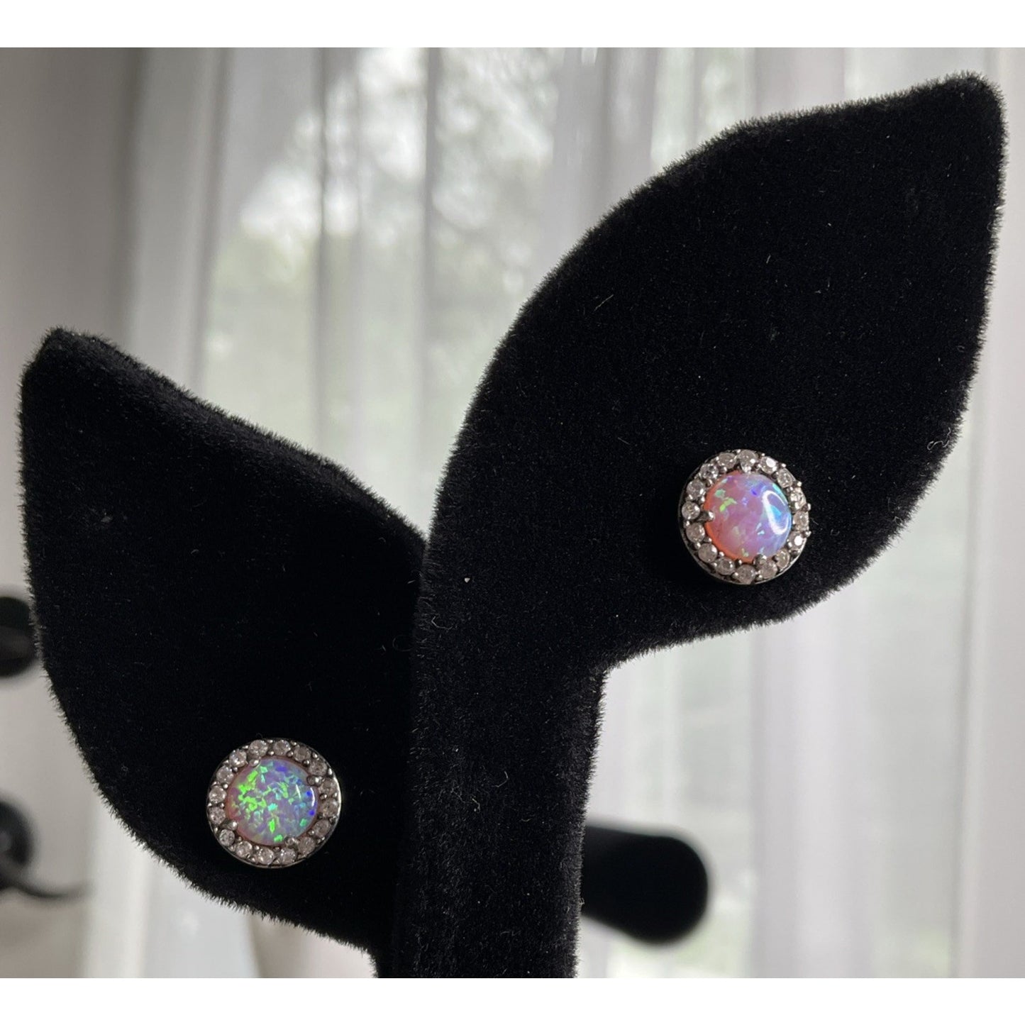 Sterling Silver Opal Halo Stud Earrings Round Fire Opal 925