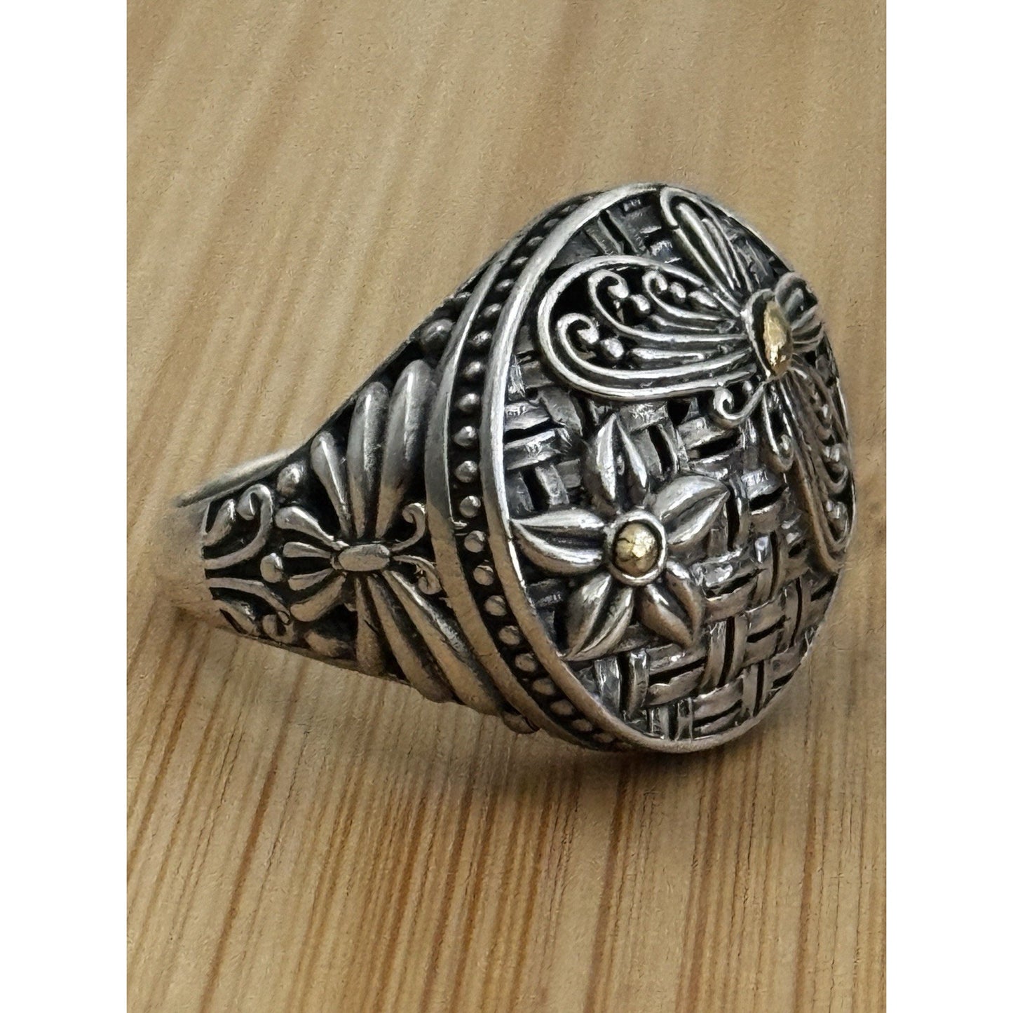 Robert Manse M ID 925 Sterling and 18K Gold Dragonfly Flower Sz 8.5 Bali 7g