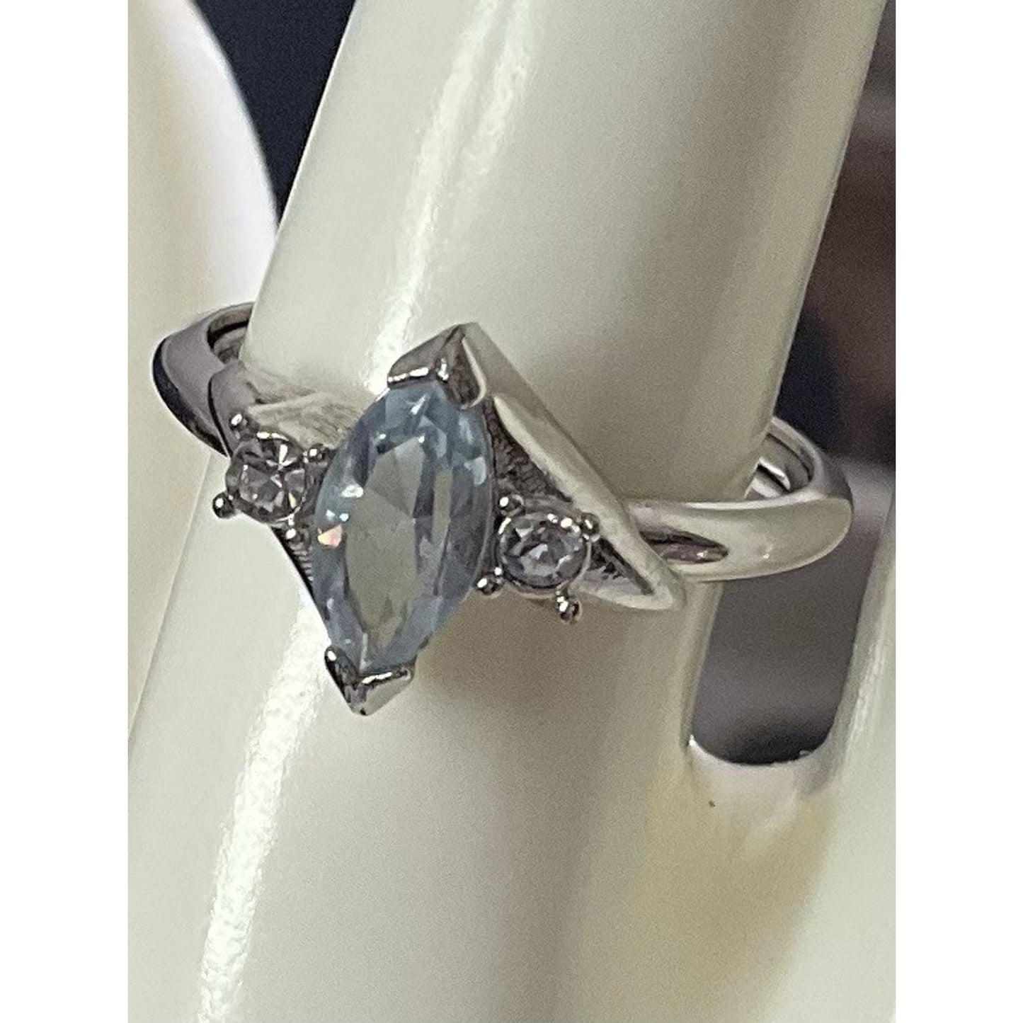 Vintage Sterling Silver 925 Blue Topaz Marquise Ring w CZ Accents Size 8.5