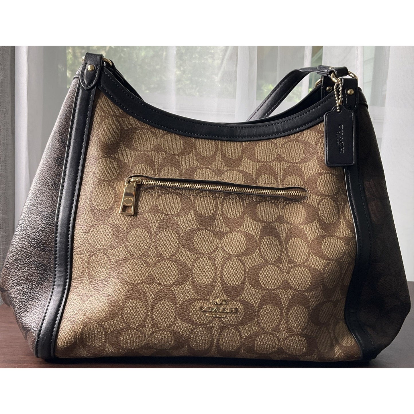 COACH KRISTY Shoulder Bag In Color Block Signature Canvas Khaki And Dark Brown
