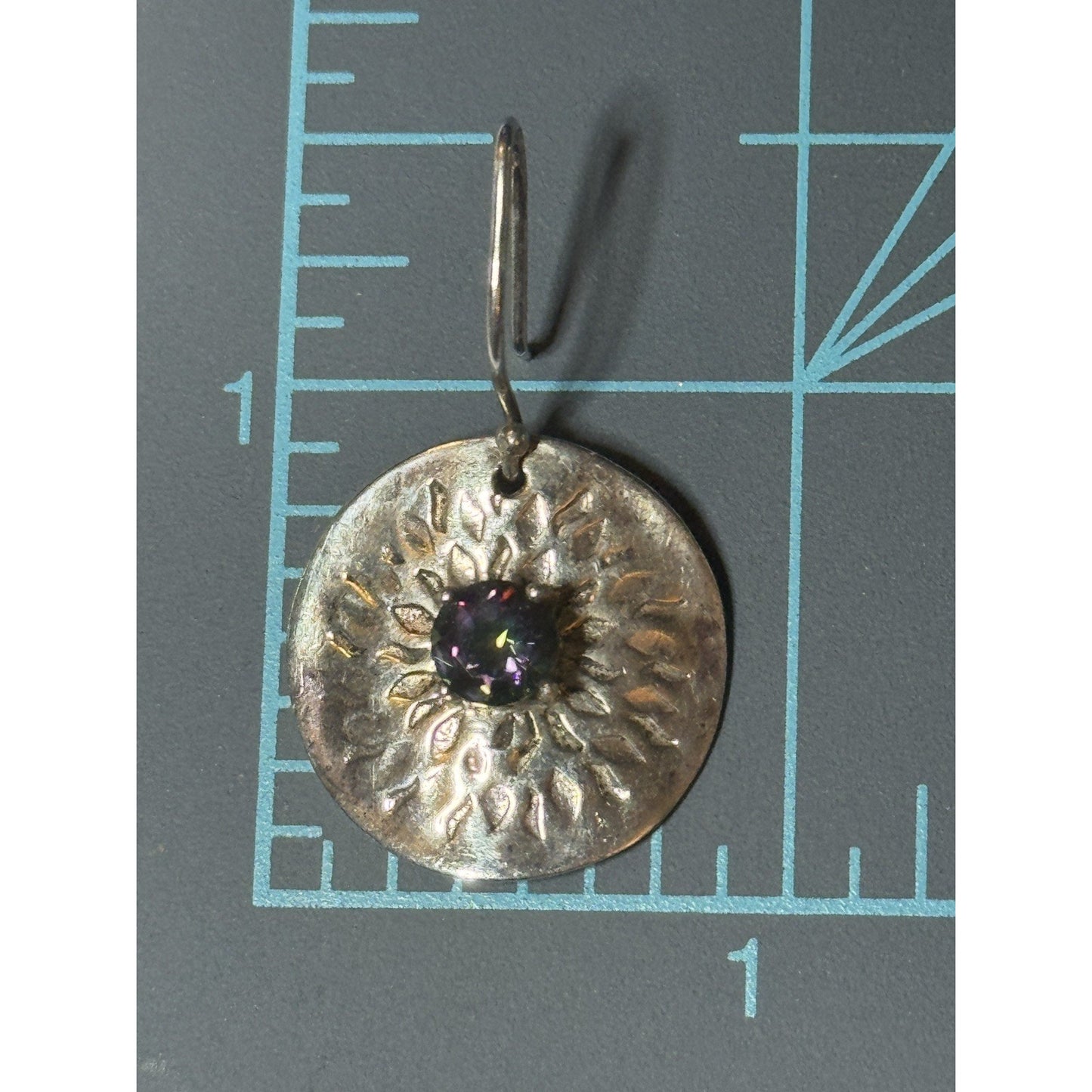 Vintage Sterling Silver Hammered Disc Earrings with Mystic Topaz