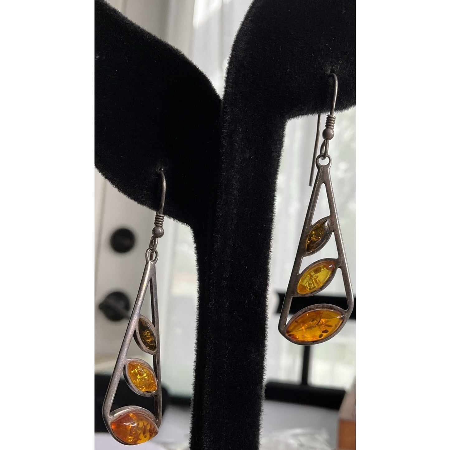 Sterling Silver Baltic Amber Dangle Drop Earrings Modern 1.5”