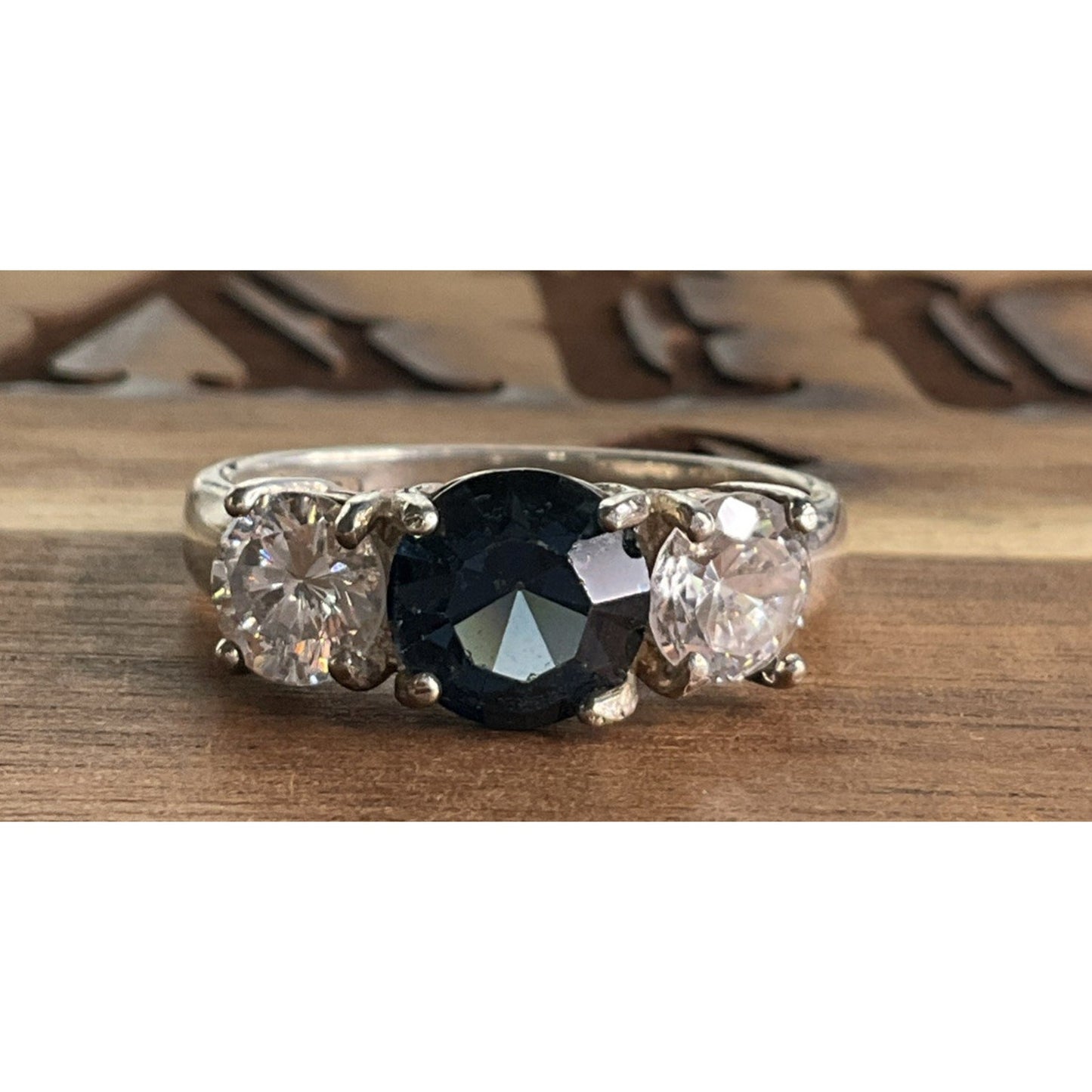 Vintage 925 Sterling Silver Blue Sapphire CZ 3 Stone Ring Sz 10.5