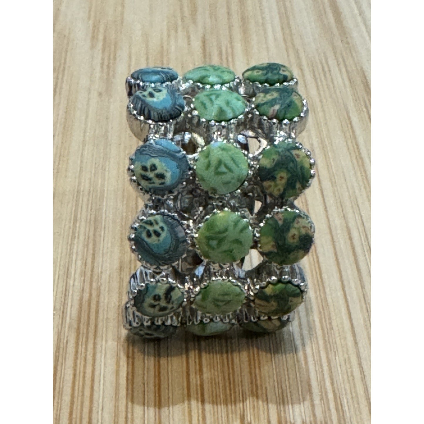 Viva Beads Green Hand Painted Statement Ring Silver Tone Wide Band Size 6.75