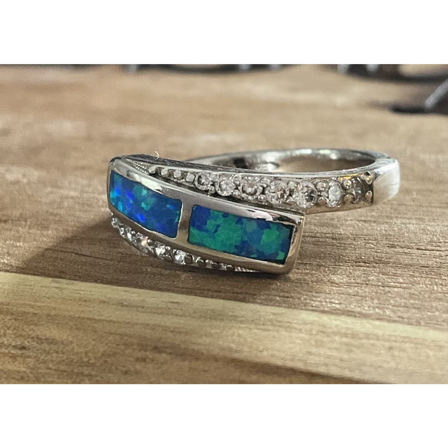 Sterling Silver Blue Opal Inlay Ring Size 6 CZ Accent Wrap Ring