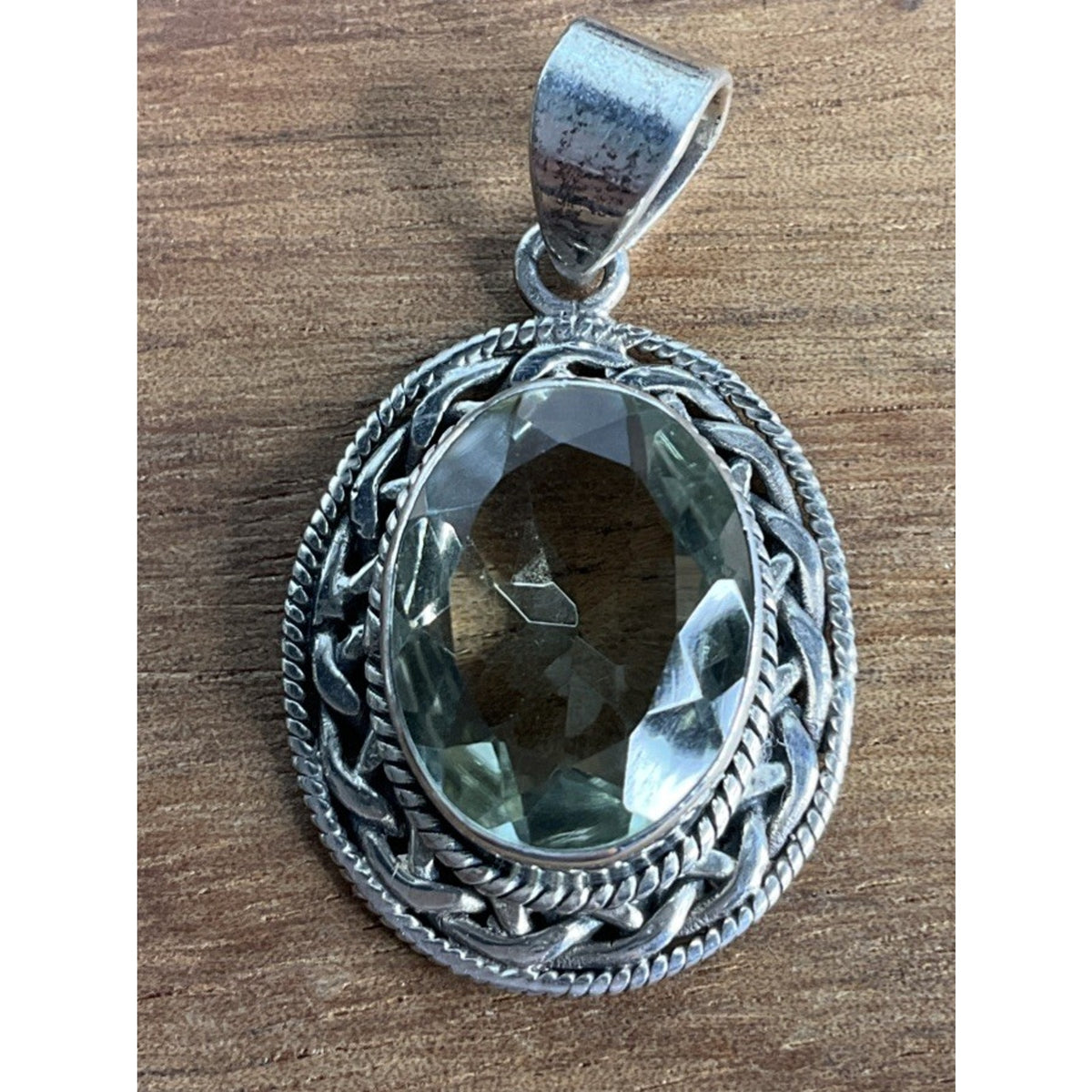 Vintage Prasiolite Sterling Silver Green Amethyst Oval Pendant And 925 Necklace