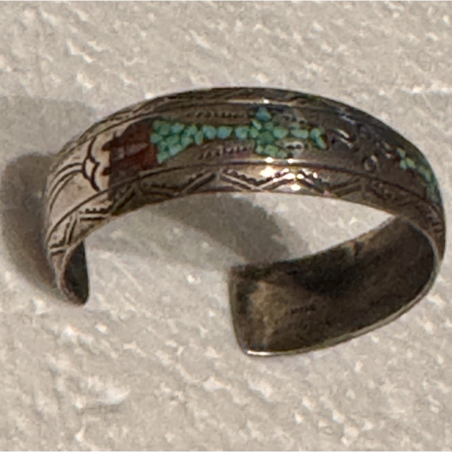 Signed Navajo J Nezzie Sterlin Silver Thunderbird Turquoise Coral Inlay Cuff 23g