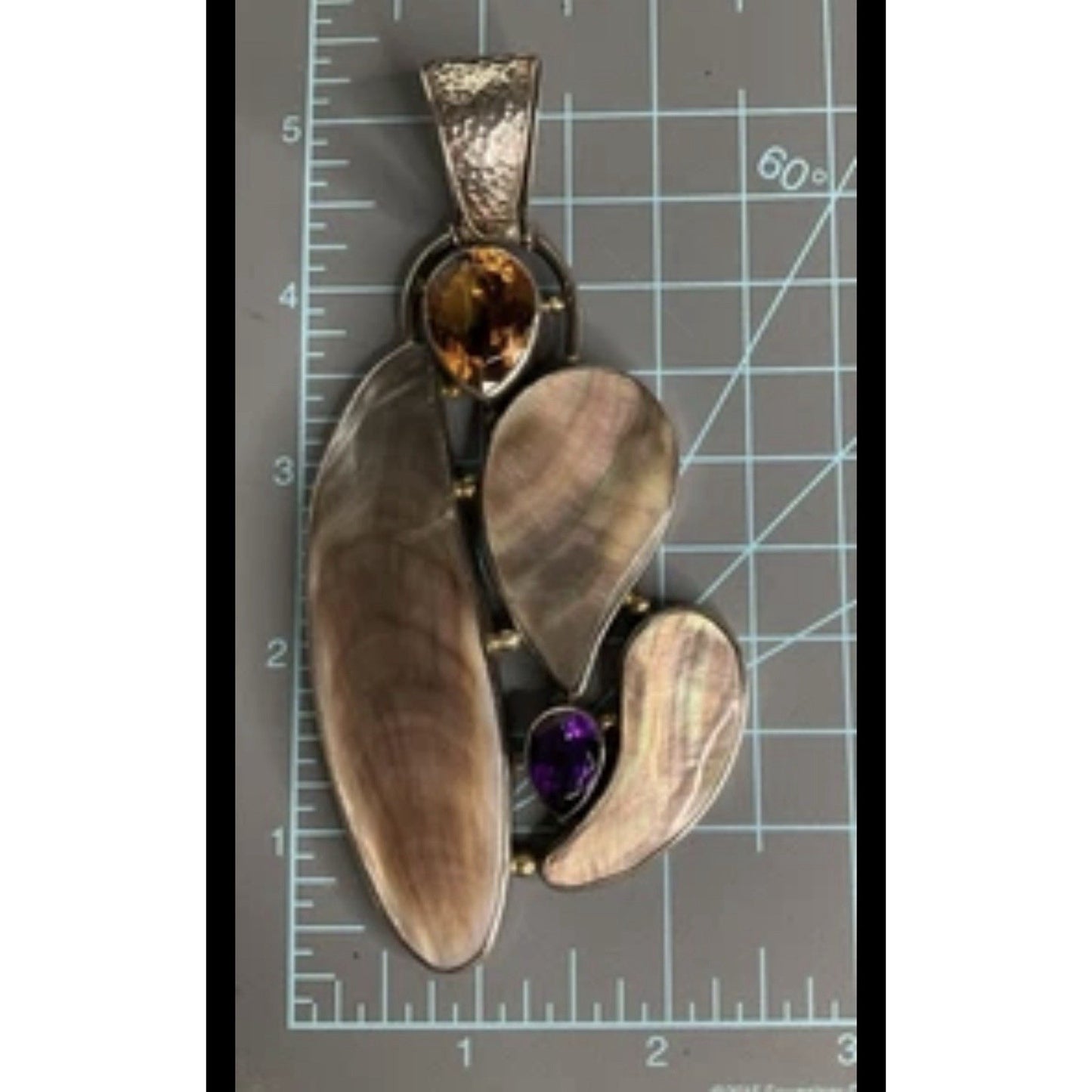 Large Artisan Mother of Pearl Amethyst Citrine Statement Pendant 55g 5” X 2.5”