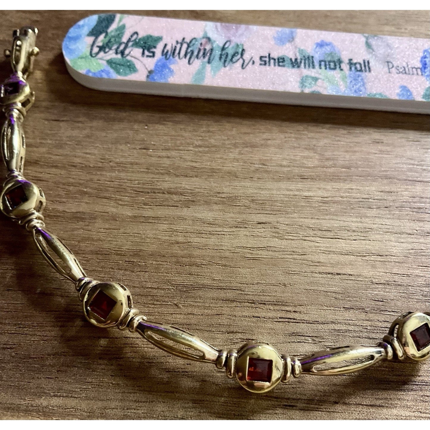 Vintage 925 Sterling Silver Gold Plated Garnet Link Bracelet 7.75” Thailand
