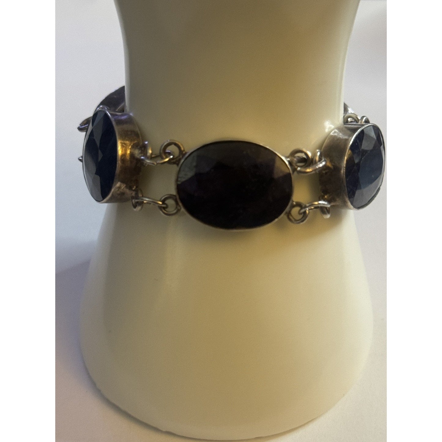 Vintage Sterling Silver Faceted Sodalite Bold Statement Bracelet 7.5 - 44g