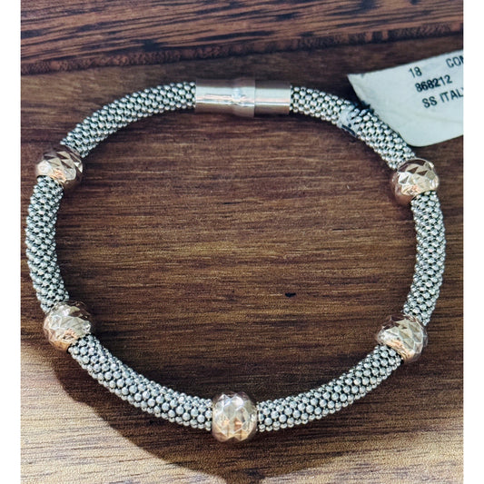Brand New Italian Sterling Silver Mesh Bracelet w/ Bronze Faceted Beads SS Italy