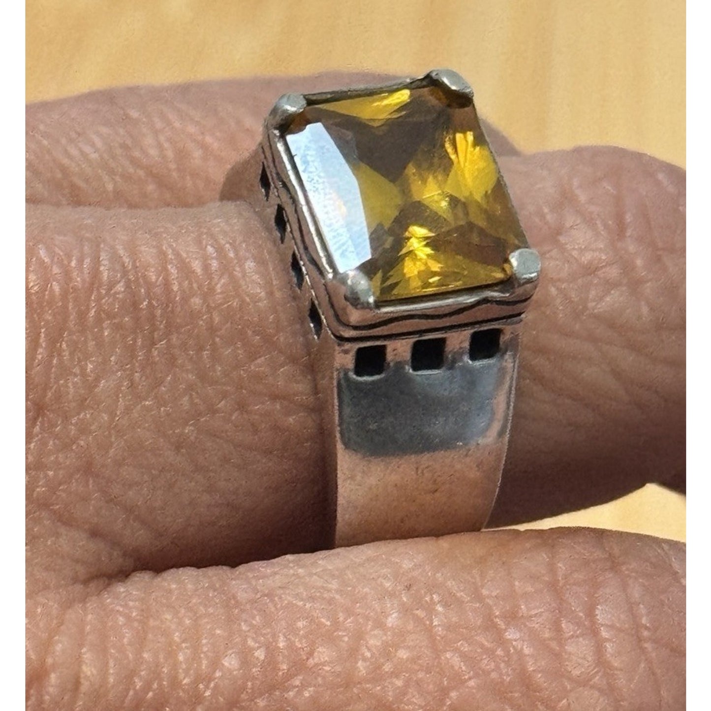 Vintage EX EX Sterling Silver 4-5 Carat Citrine Emerald Cut 925 Ring Size 8, 15g