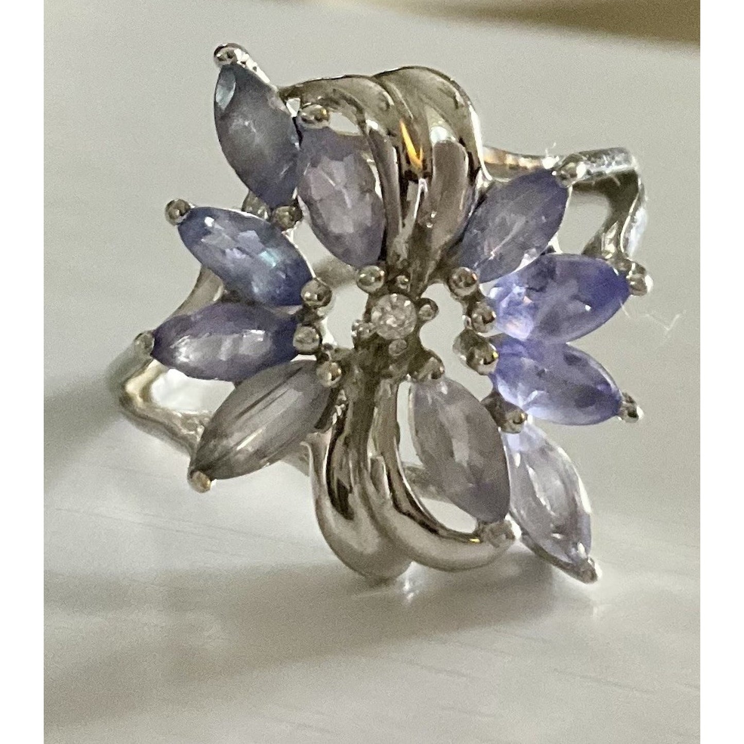 Sterling Silver 925 Lavender Lilac Stone Floral Cluster Ring Marquise Cut Size 7