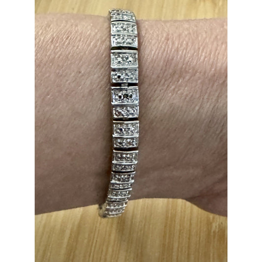 Vintage Sterling Silver Articulated Illusion Tennis Linked Bracelet 15g Signed