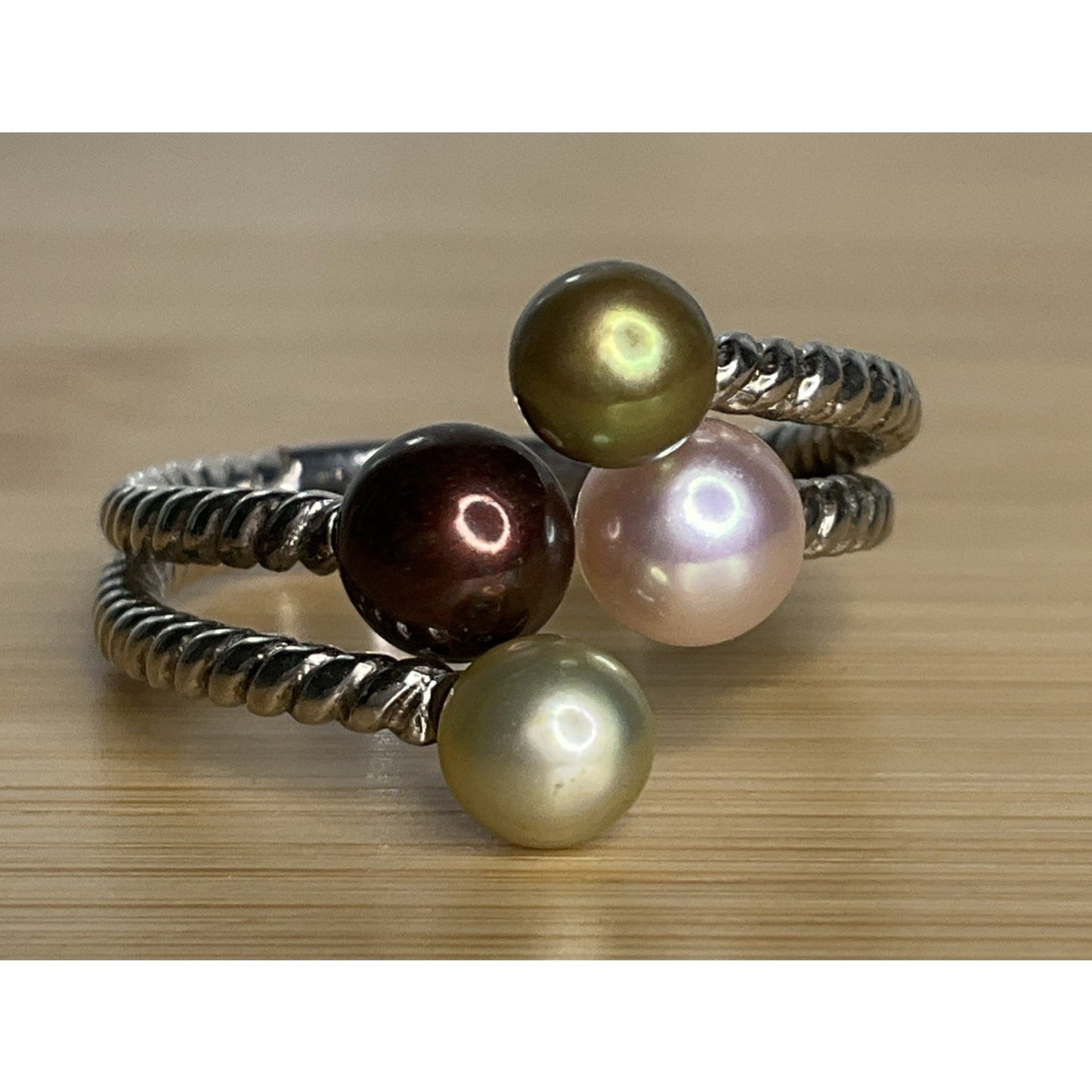 Sterling Silver 925 Multicolor Pearl 3 Row Rope Wrap Ring Size 7.5