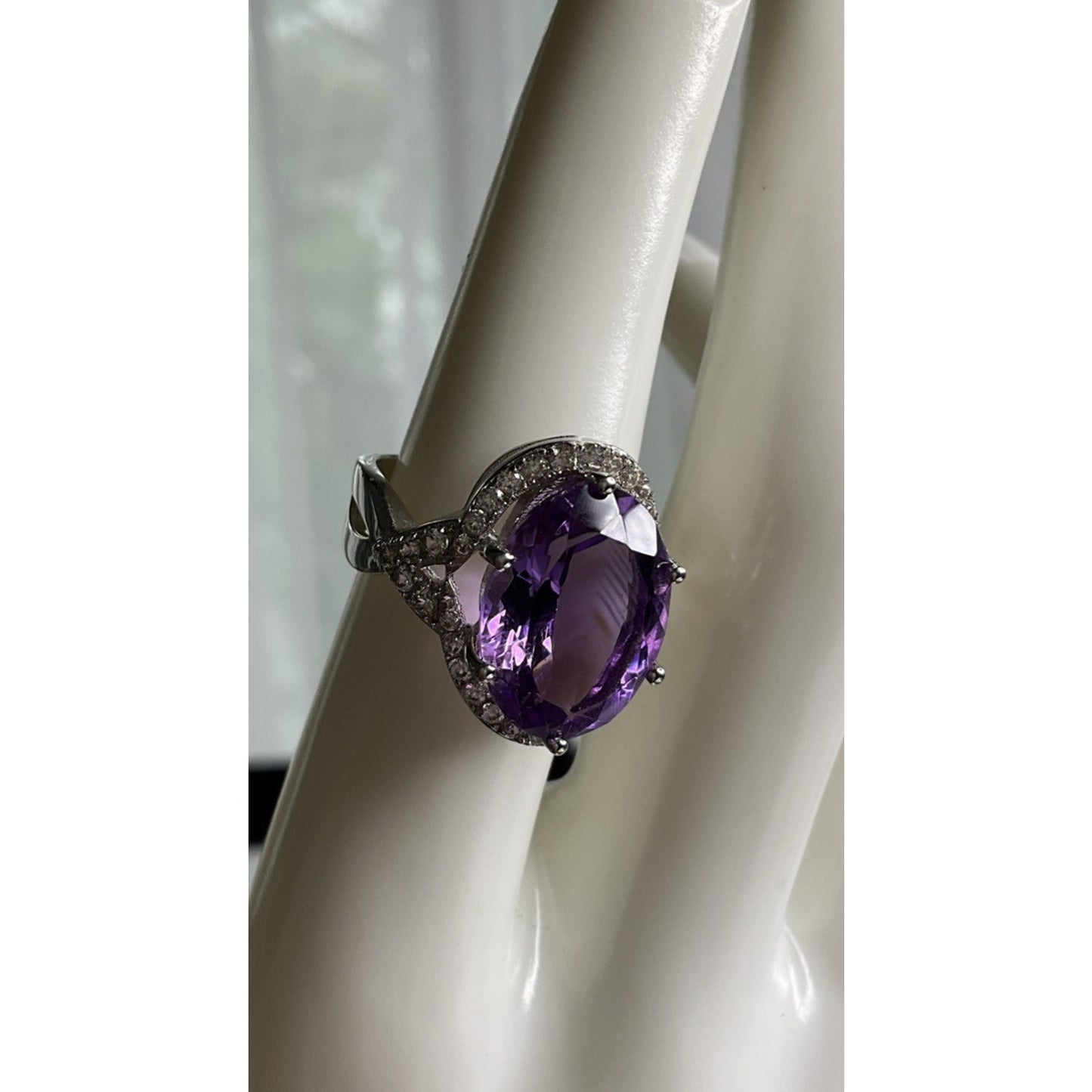 Sterling Silver Amethyst Halo Ring 925 Purple Stone Cocktail Statement Ring 7.5