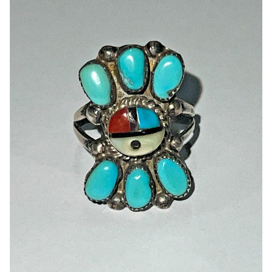 Vintage EA Zunie Zuni Sterling Silver Cluster Ring Turquoise Coral Jet MOP 6 1/4