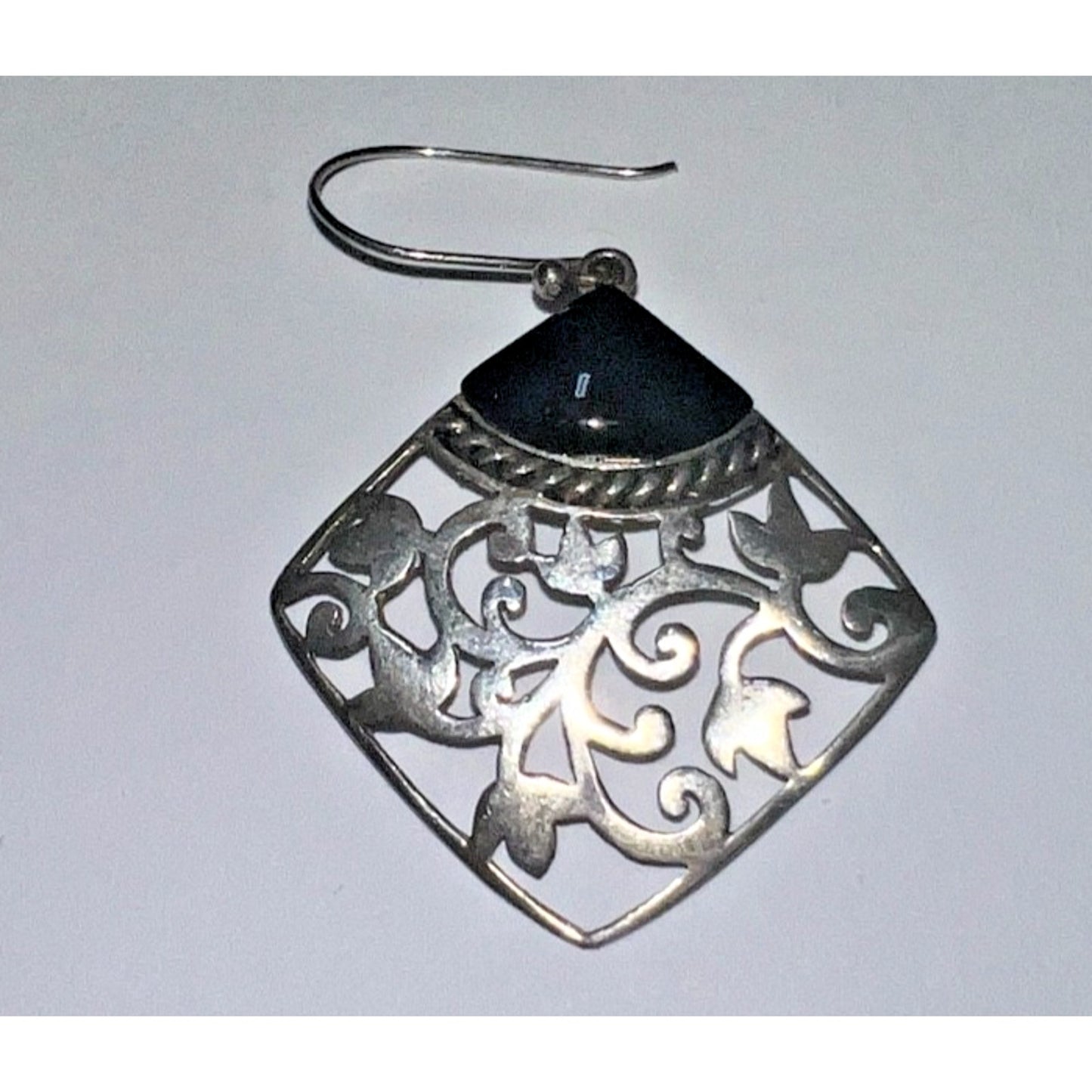 Vintage Sterling Silver Black Onyx Filigree Dangle Earrings Signed CFJ 5gr