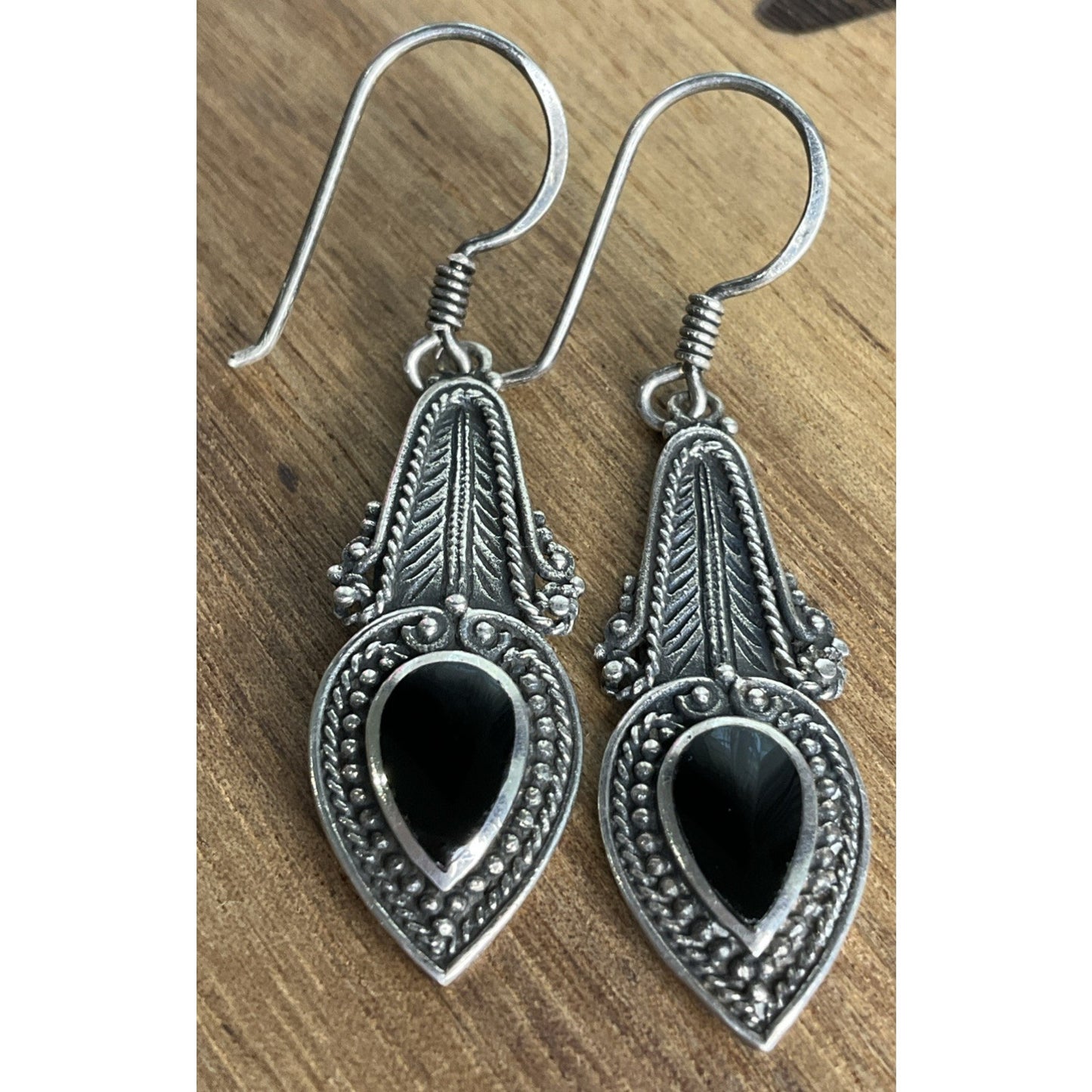 Vintage Boma Sterling Silver Black Onyx Teardrop Bali Style Dangle Drop Earrings