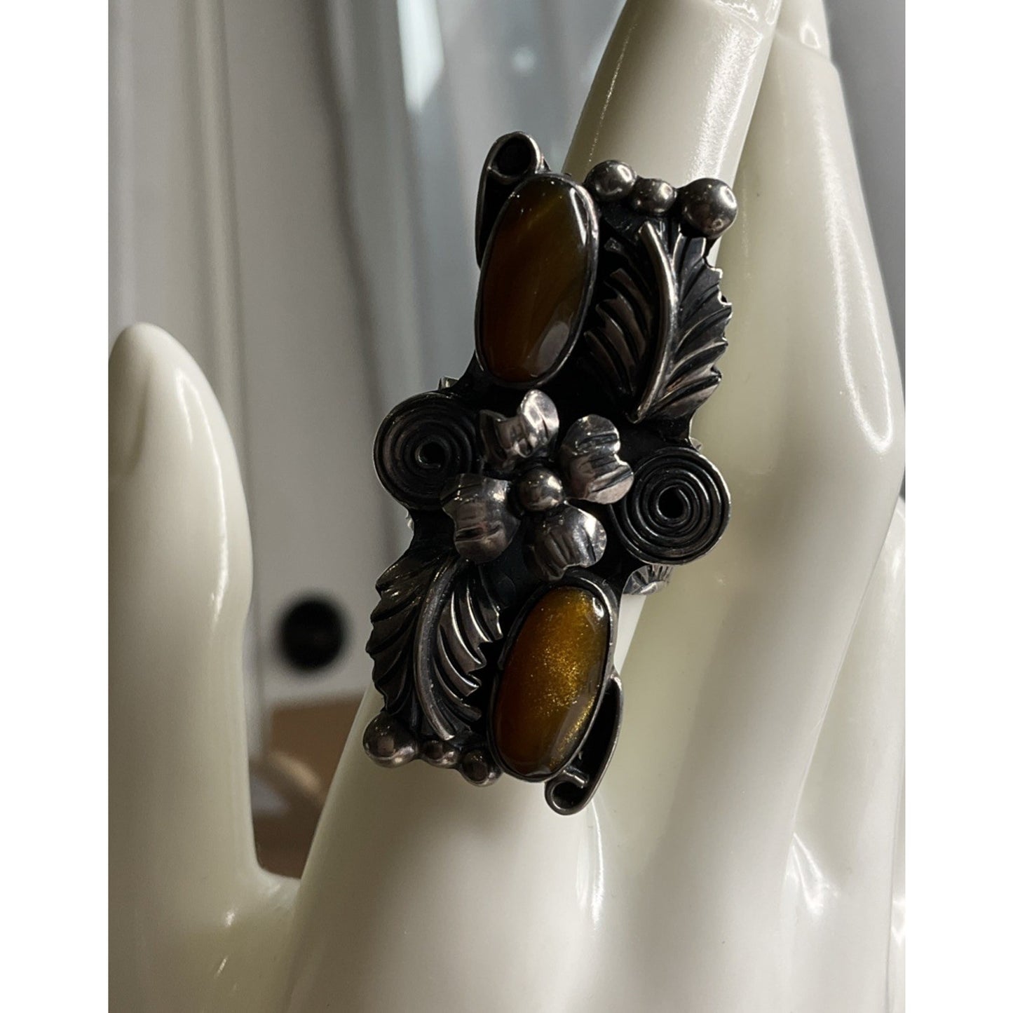 Esperanza Mexico 925 Sterling Silver Goldstone Ring Floral Adjustable Size 7.5