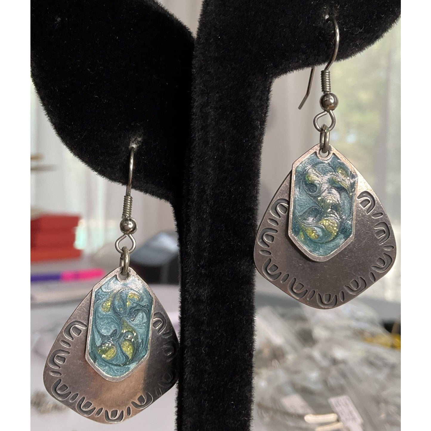 Vintage Sterling Silver Blue Enamel Mixed Metal Dangle 925 Earrings Signed NF