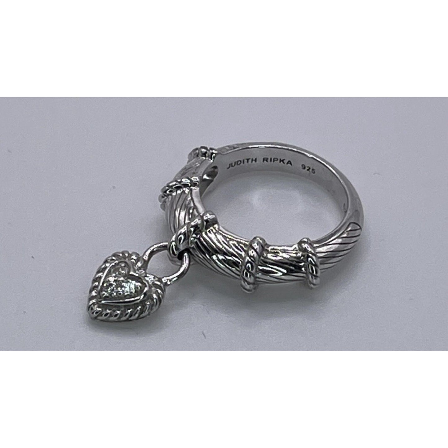 J Ripka Sterling Silver 925 Judith Ripka Dangle Pave CZ Heart Ring Size 6.5