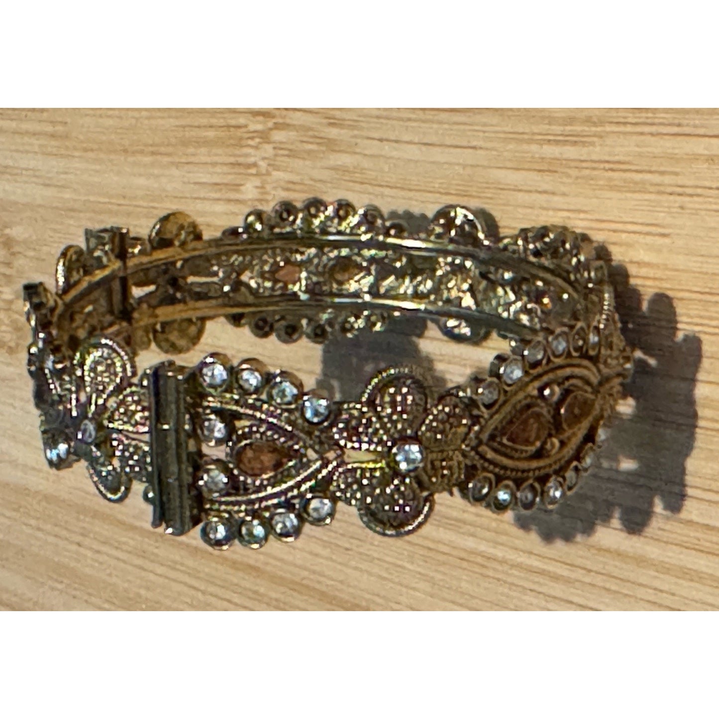 Vintage Etruscan Revival Filigree Rhinestone Amber Glass Bracelet