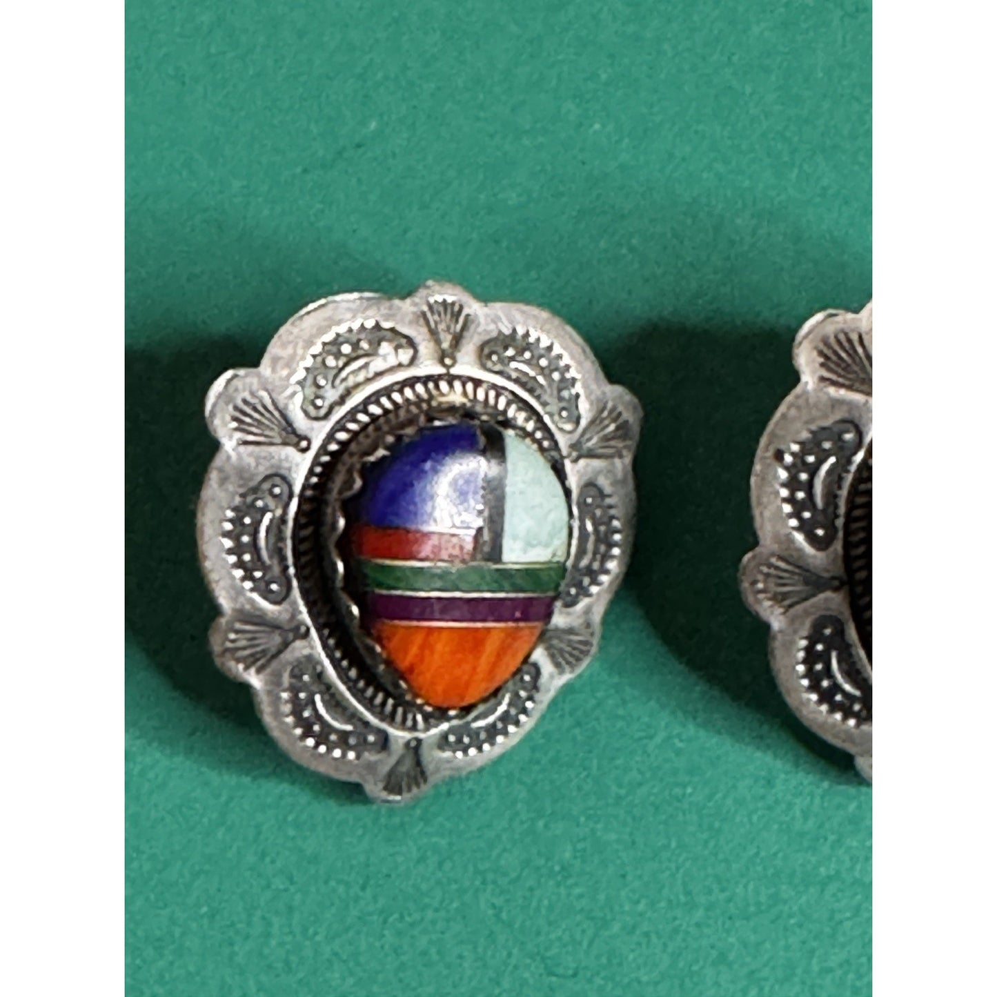 Vintage Native American Style Sterling Silver Zuni Inlay 5/8” Earrings O.T.