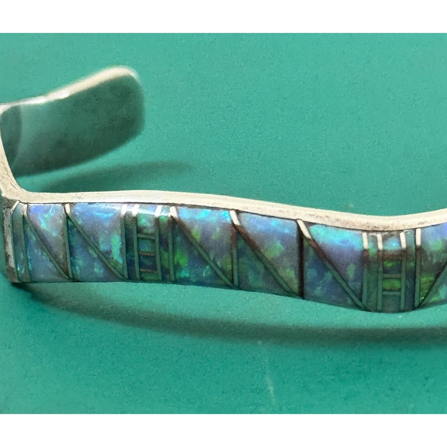 Vintage Southwestern Sterling Silver Blue Green Opal Inlay Cuff Bracelet 22g