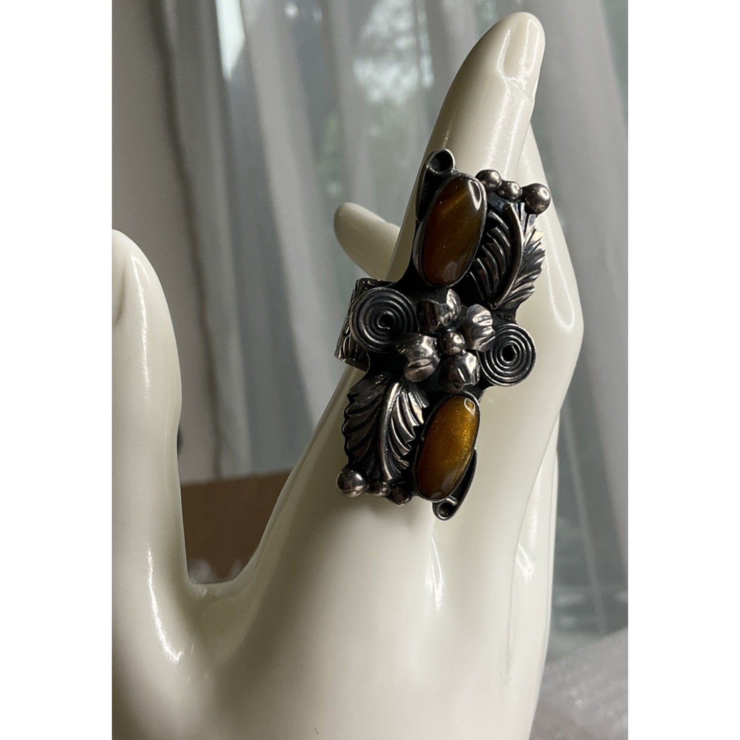 Esperanza Mexico 925 Sterling Silver Goldstone Ring Floral Adjustable Size 7.5