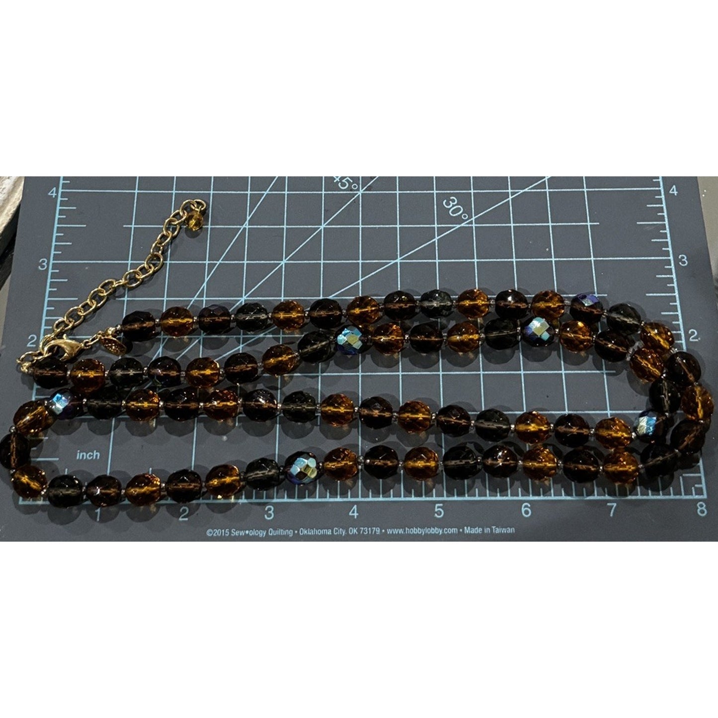 Vintage Signed Joan Rivers Amber Gray Smoky Glass & AB Crystal Bead 32” Necklace