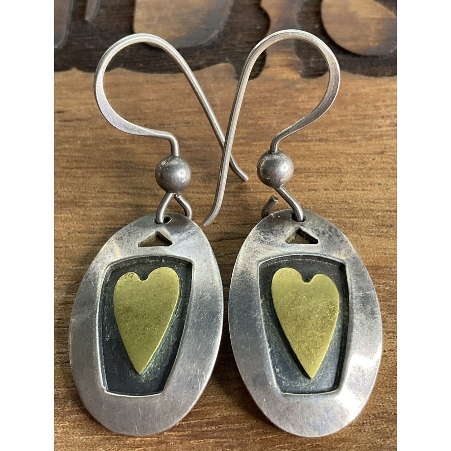 Vintage Two Tone Heart Sterling Silver And Gold Dangle Drop Earrings Signed FF