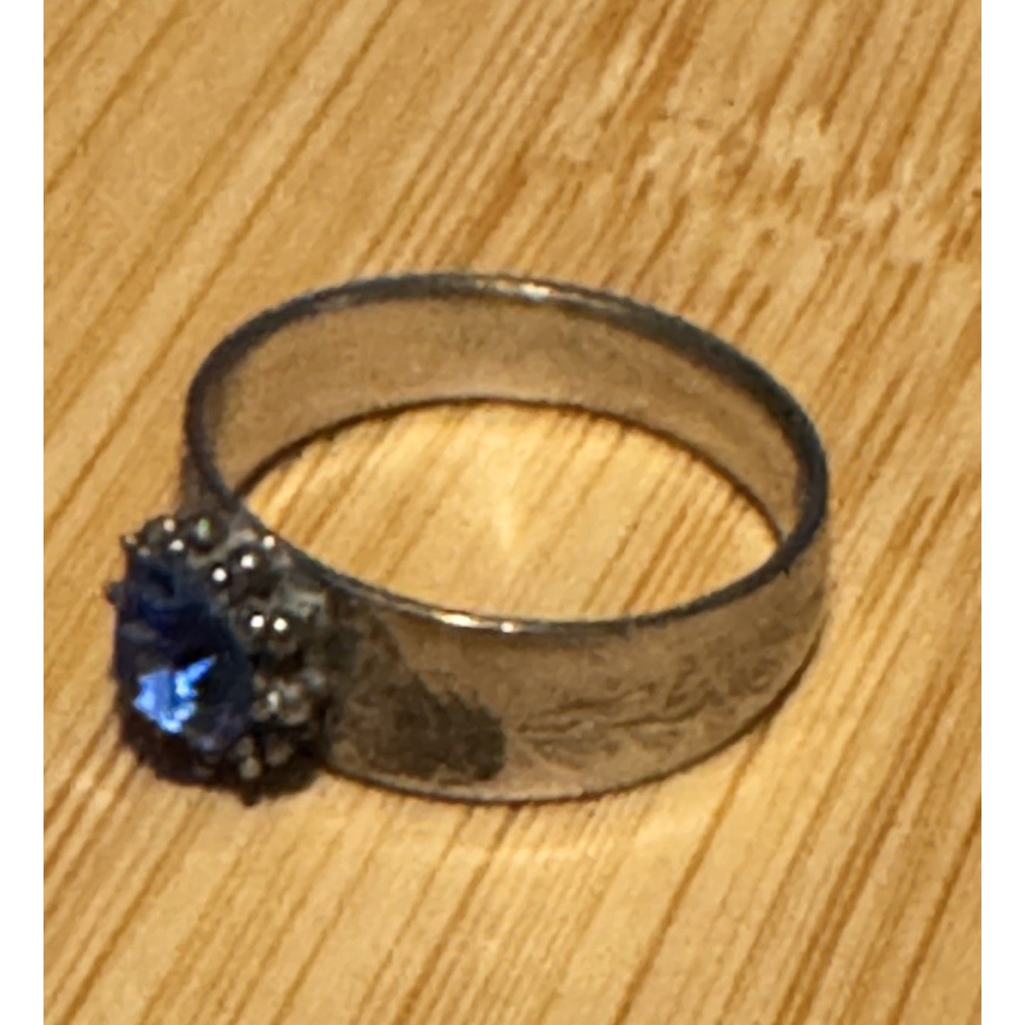 Vintage Thai Sterling Silver Blue Topaz Ring Wide Engraved Band