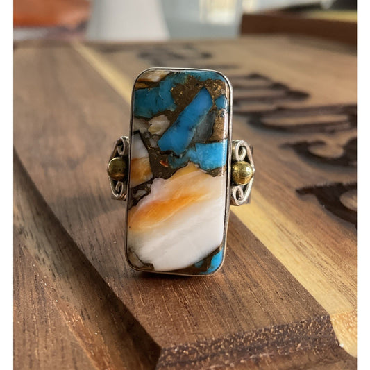 Large Turquoise Shell Inlay Ring Sterling Silver Size 9.5
