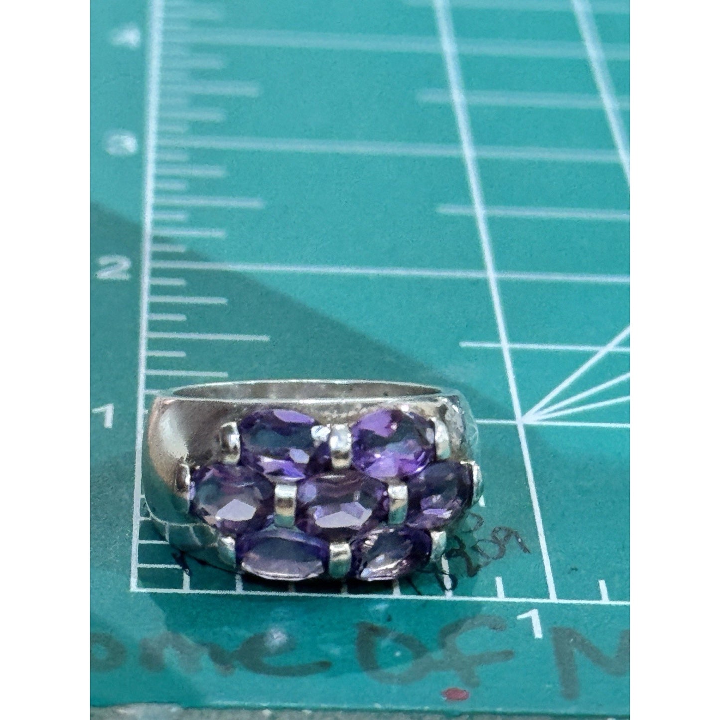 Vintage Sterling Silver 9 Stone Natural Amethyst Cluster Ring Size 6 Wide Band