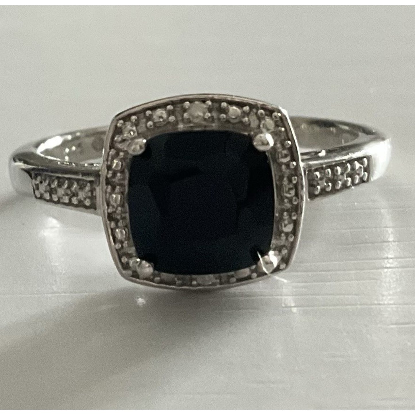 Sterling Silver 925 M Black Onyx Halo Ring CZ Accents Size 7.5