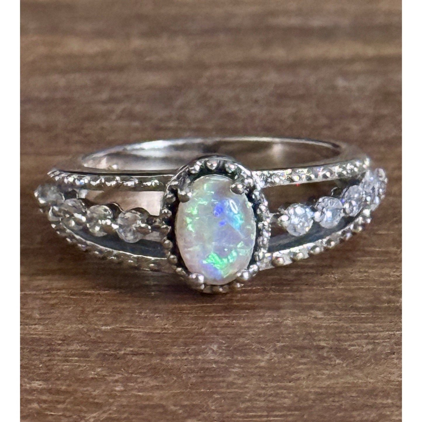 Sterling Silver 925 Opal Ring w/ CZs Oval Ethiopian Fire Opal Ring Size 6.5