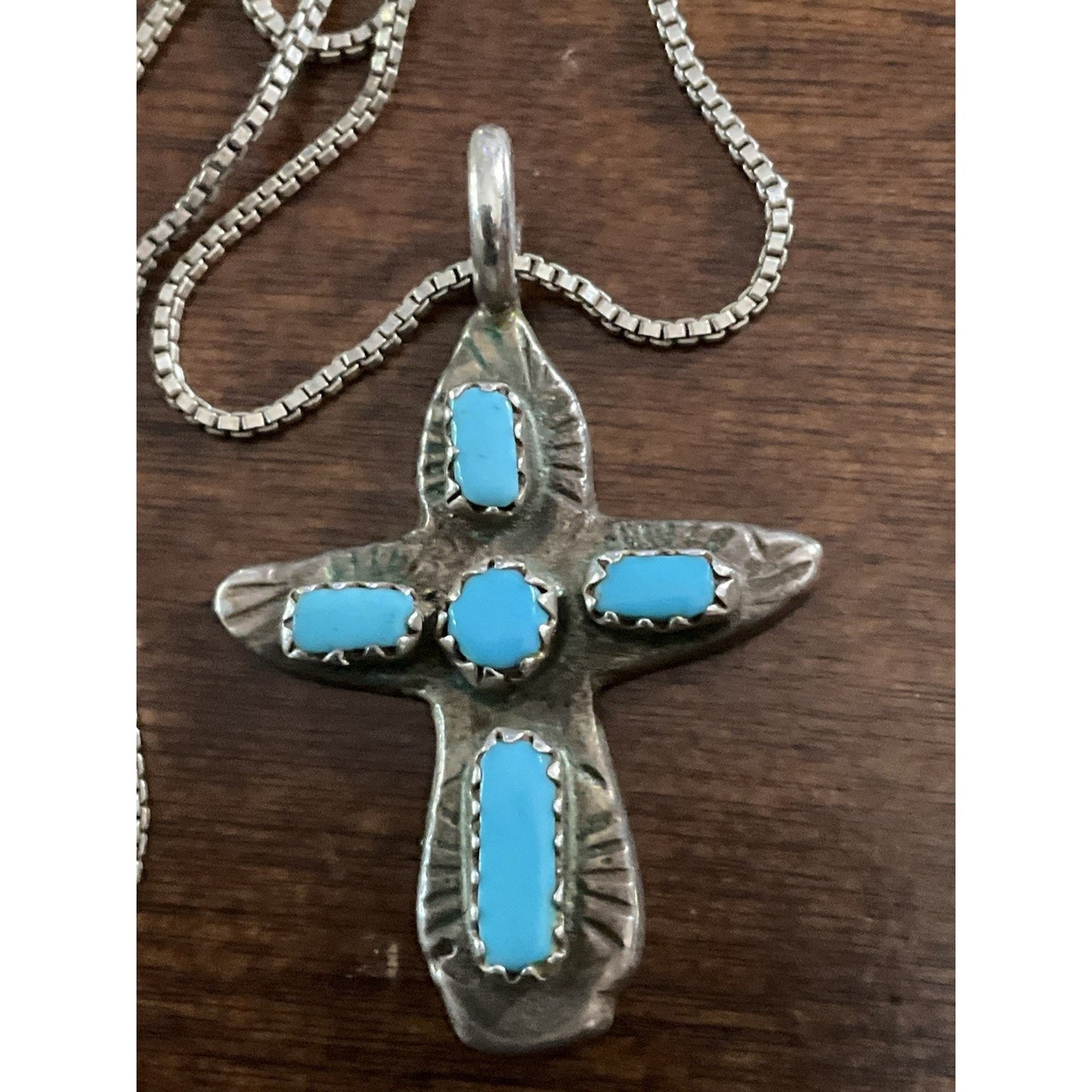 Vintage Sterling Turquoise Native American Signed Cross Pendant & 24” Chain 925