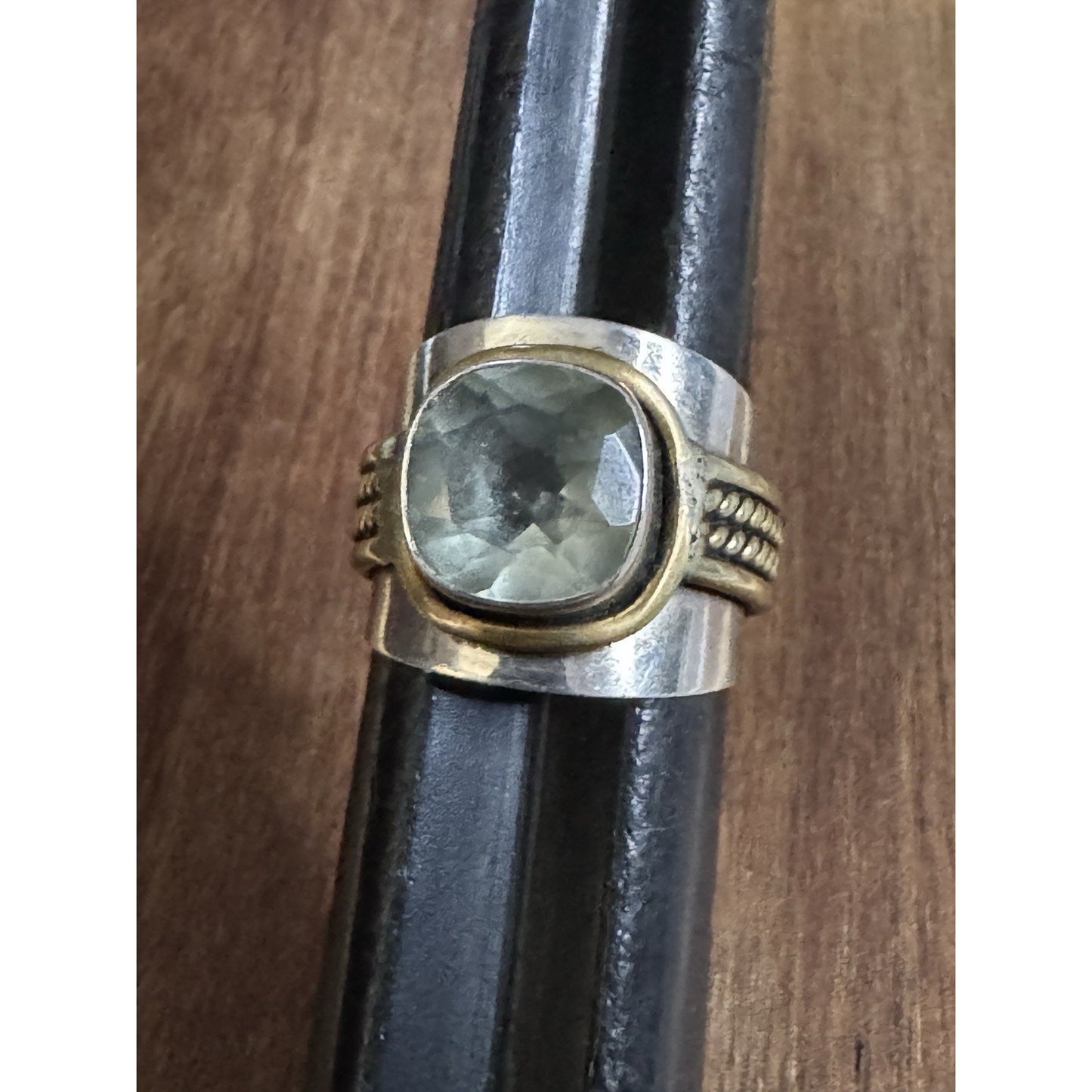 Vintage Sterling Silver & Brass Ring Green Amethyst Prasiolite Cushion Size 7.25
