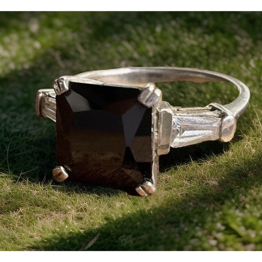 Vintage Smoky Quartz Ring 925 Sterling Silver Size 7.5 Square Cut Solitaire