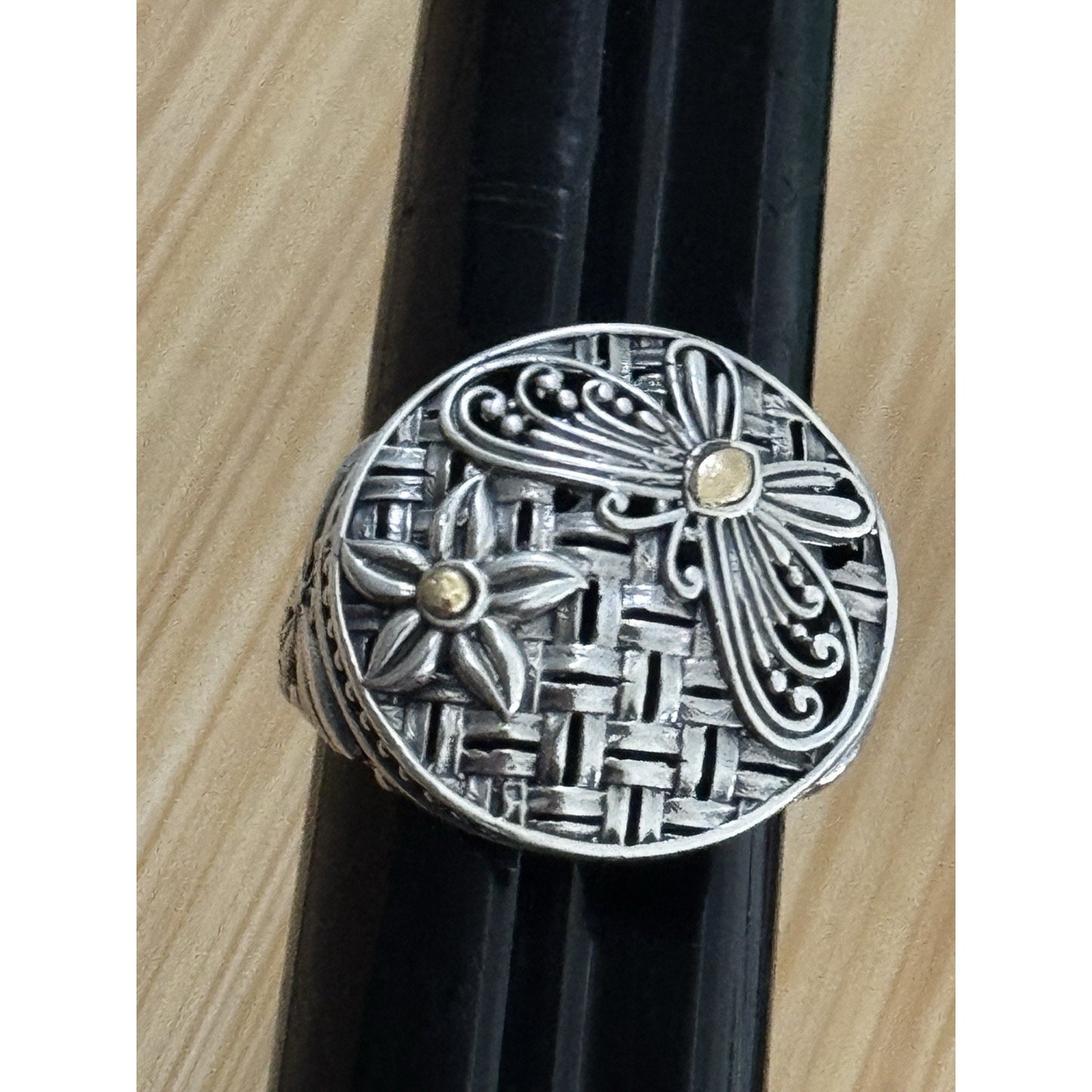 Robert Manse M ID 925 Sterling and 18K Gold Dragonfly Flower Sz 8.5 Bali 7g