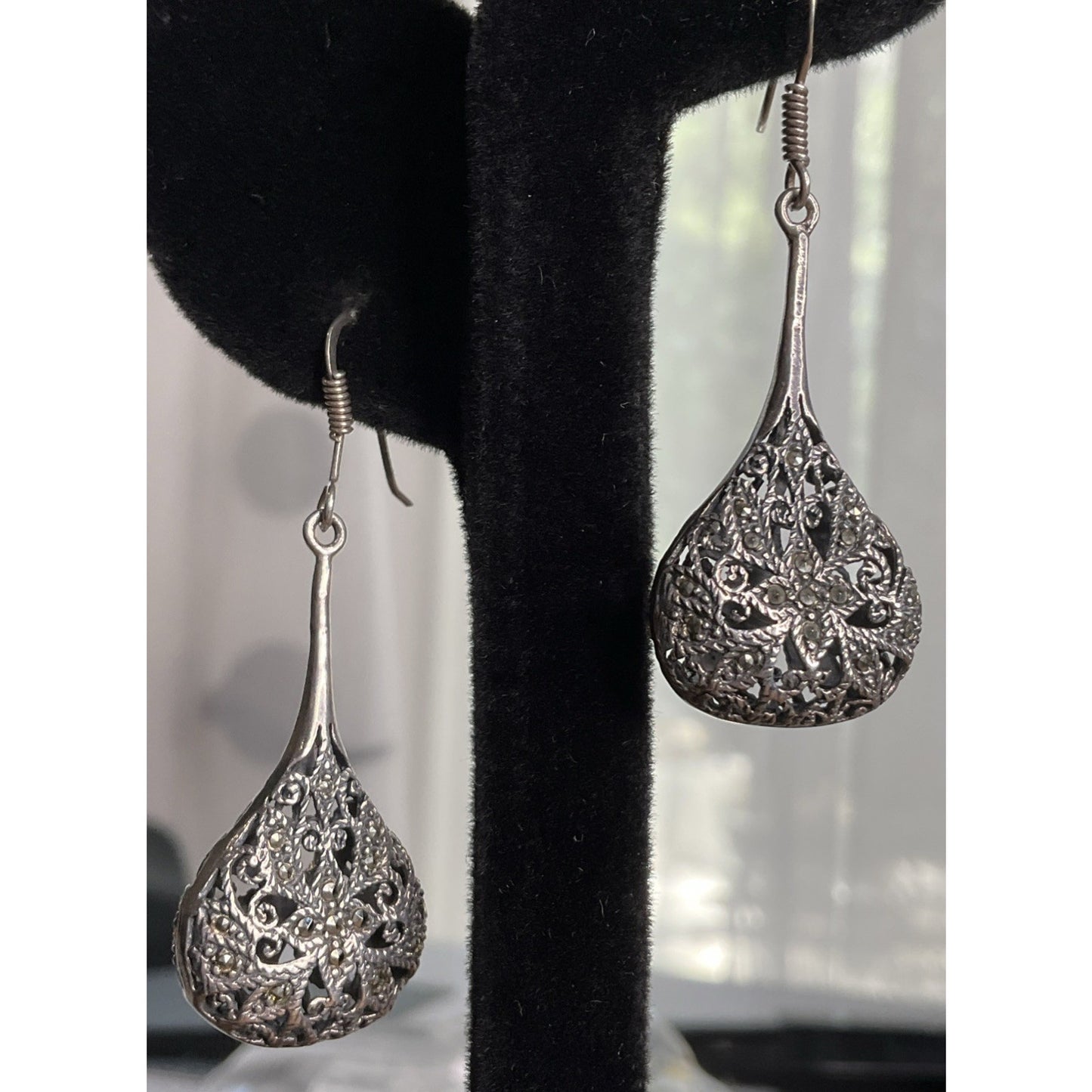 NF Sterling Marcasite Tear Drop Pendant Dangle Earrings Filigree Art Deco 17g!